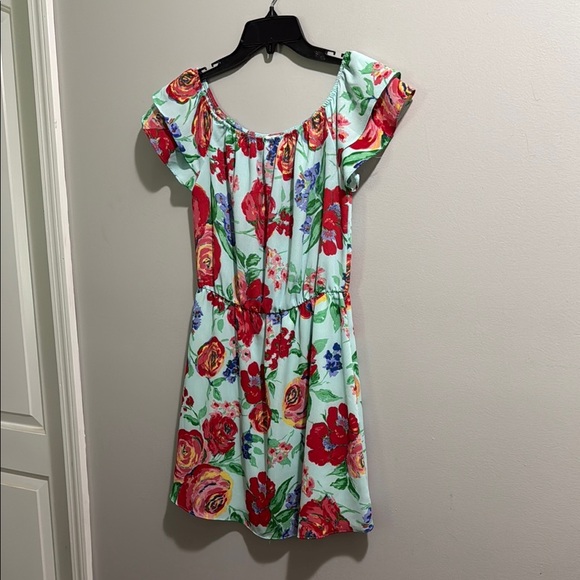 Everly Blue Floral Print Summer Dress Ruffle Sleeves - Picture 2 of 6